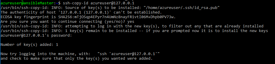 Screenshot of ssh public ke being copied to the authorized_keys folder by the ssh-copy-id command
