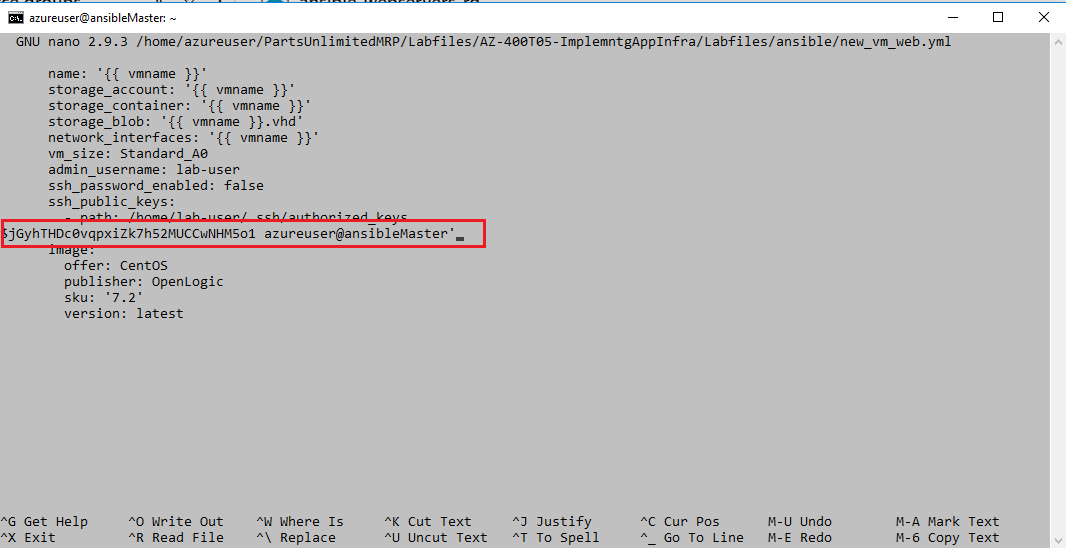 Screenshot of new_vm_web.yml file with the key_data ssh value highlighted containing the username at the end of the string 