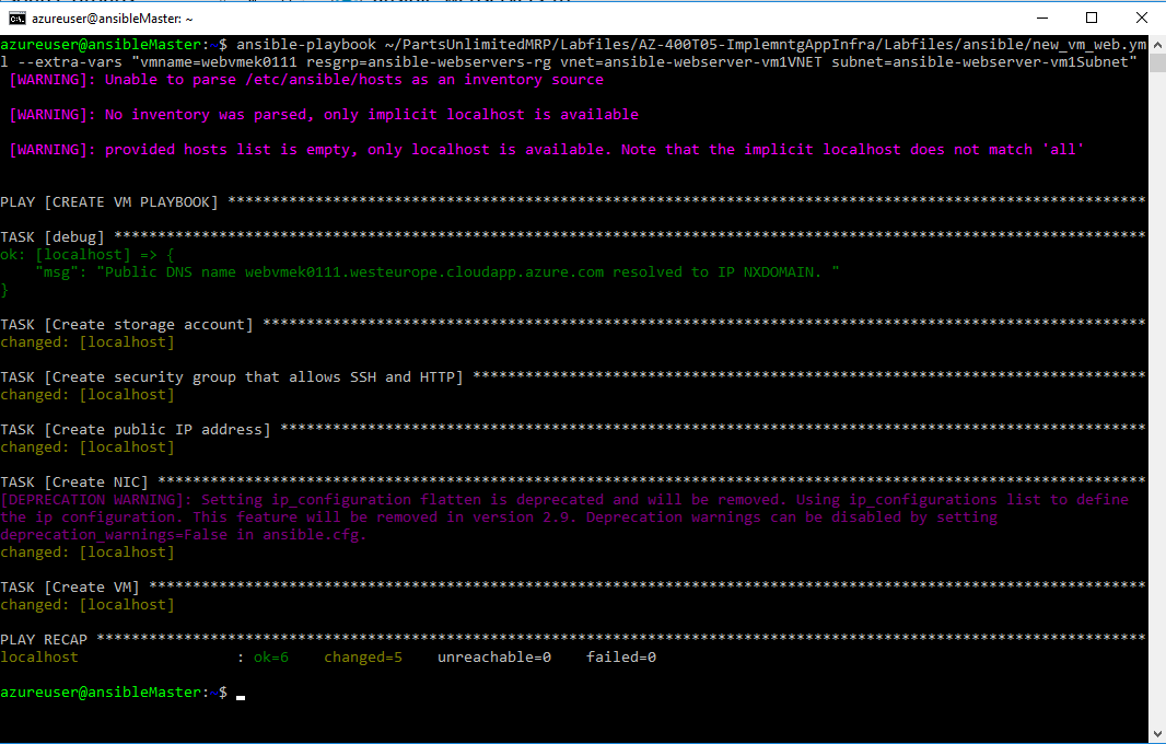 Screenshot of ansible playbook to deploy a VM having run successfully 