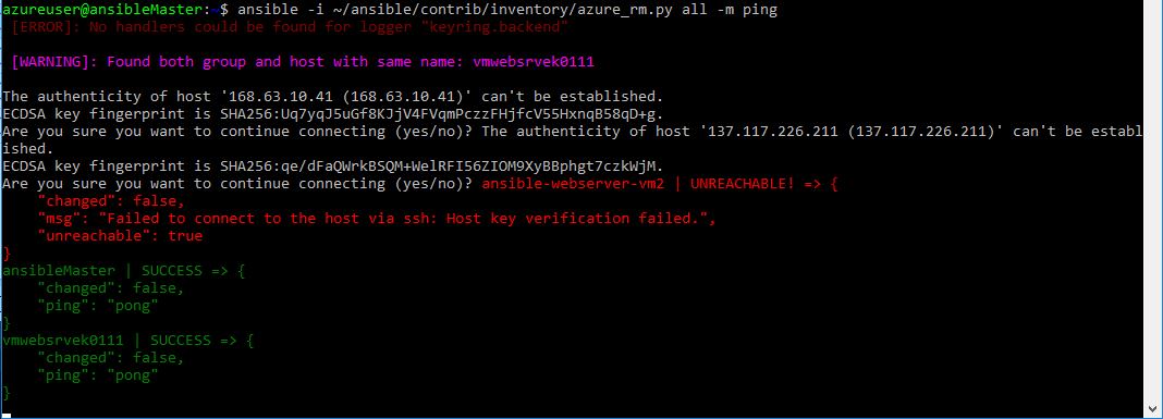 Screenshot of ansible ping command with web server responding to the ping 