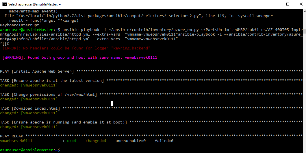 Screenshot of the ansible playbook having successfully to configure the web server