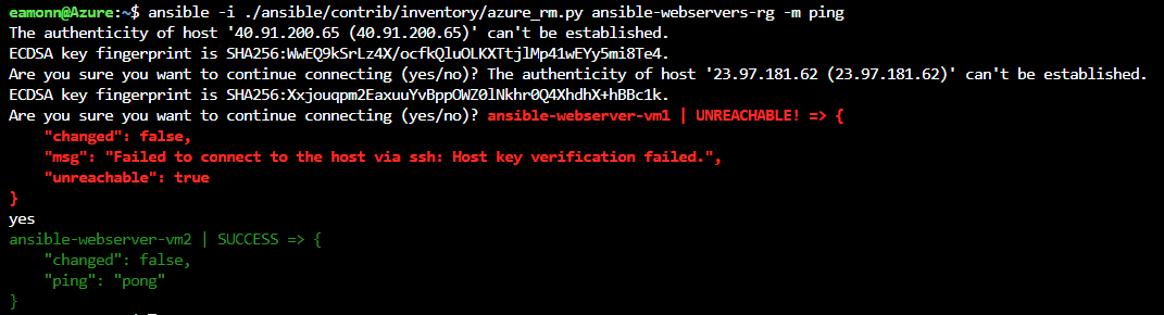 Screenshot of Azure Cloud Shell with the ansible dynamic inventory script called and a resultant error and host unreachable message