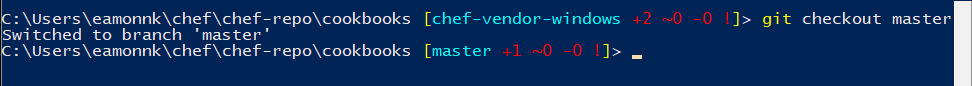 Screenshot of a PowerShell window. The Git checkout master command has been run, and focus has changed to the Git master branch successfully. The Git command and its output are shown to illustrate how to run the commands in PowerShell.