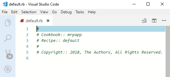 Screenshot of the local recipe file default.rb, open inside the Visual Studio Code editor. The image illustrates how the local default.rb appears before editing.