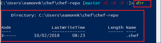 Screenshot of a PowerShell window. The dir command has run and a single directory under the chef-repo directory is listed. The command and its output are highlighted to illustrate how to use the dir command and how to interpret the response in PowerShell.