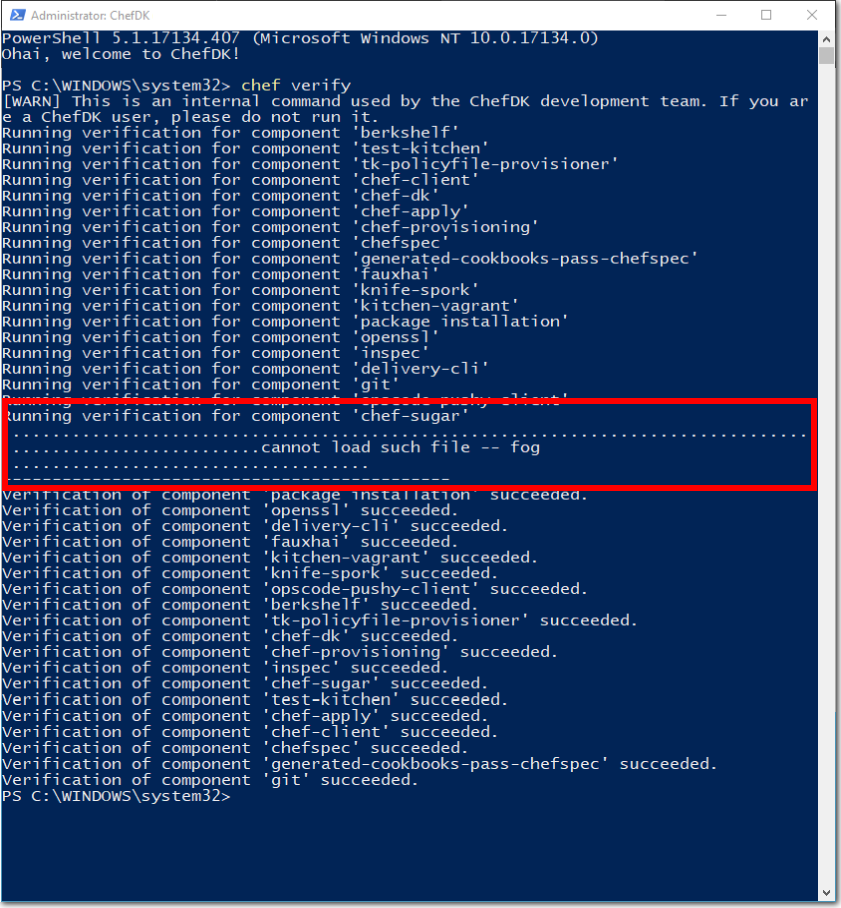 Screenshot of a PowerShell window showing a completed Chef verify command. An error message indicates that the verification process has failed for the component Chef-Sugar. The error message is highlighted to illustrate how to identify the error within the PowerShell window.