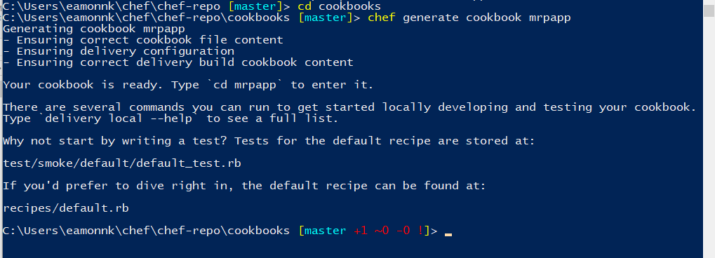 Screenshot of a PowerShell window. The chef generate cookbook command has been run, and a new cookbook has been created successfully. The command and its output are shown to illustrate how to run the commands in PowerShell.