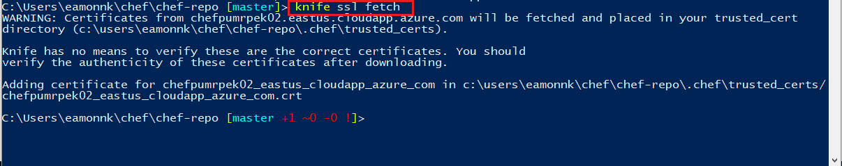 Screenshot of a PowerShell window. The knife ssl fetch command has run and a message indicates that the SSL certificate has been added successfully. The knife ssl fetch is highlighted to illustrate how to use the command and how to interpret the response in PowerShell.