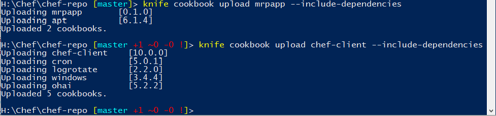 Screenshot of a PowerShell window. The knife cookbook upload commands for uploading cookbooks and recipes to the Chef Automate server have been run successfully. The knife cookbook upload commands and their outputs are shown to illustrate how to run the commands in PowerShell.