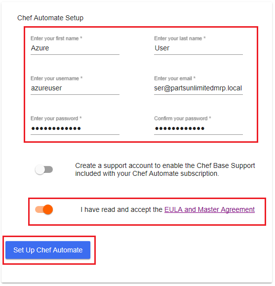 Screenshot of the Chef Automate Setup web page. The display elements with fields requiring user input are highlighted to illustrate where to enter the Chef Automate Setup details. A slider to accept the Chef EULA terms and button to confirm the set up of Chef Automate are also highlighted. The highlighting indicates that affirming these two options is a requirement for setting up Chef Automate.