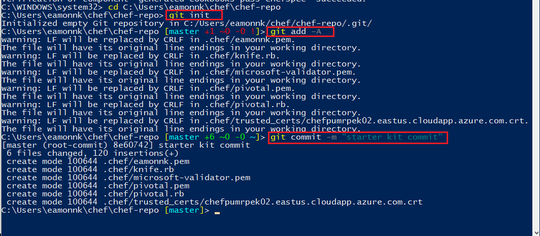 Screenshot of a PowerShell window. The three previously mentioned Git commands have been run successfully. The commands and their outputs are highlighted to illustrate how they are run in PowerShell.