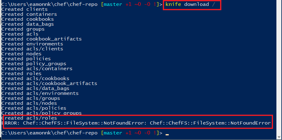 Screenshot of a PowerShell window. The knife download command has run and the contents of the Chef Automate server repo have been downloaded successfully. The knife download command and its output, which includes acls errors, are highlighted to illustrate how to use the command and interpret the response in PowerShell.