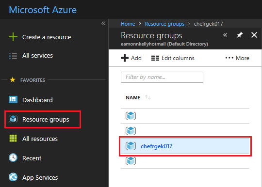 Screenshot of the Azure Portal menu. The Resource Groups blade and chefrgek017 Resource Group are highlighted to illustrate how to access the Chef resources deployed to the chefrgek017 Resource Group from the Resource Groups blade in Azure Portal.