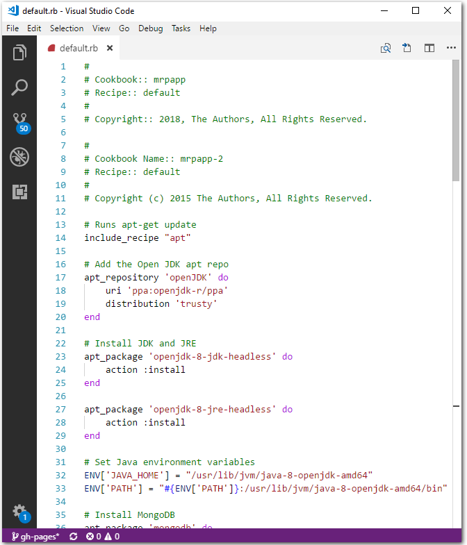 Screenshot of the updated local recipe file default.rb, open inside the Visual Studio Code editor. The file has been updated by copying and pasting the file content from the online RAW format version of default.rb from Microsoft's Parts Unlimited GitHub repo. The image illustrates how the local default.rb appears after editing.