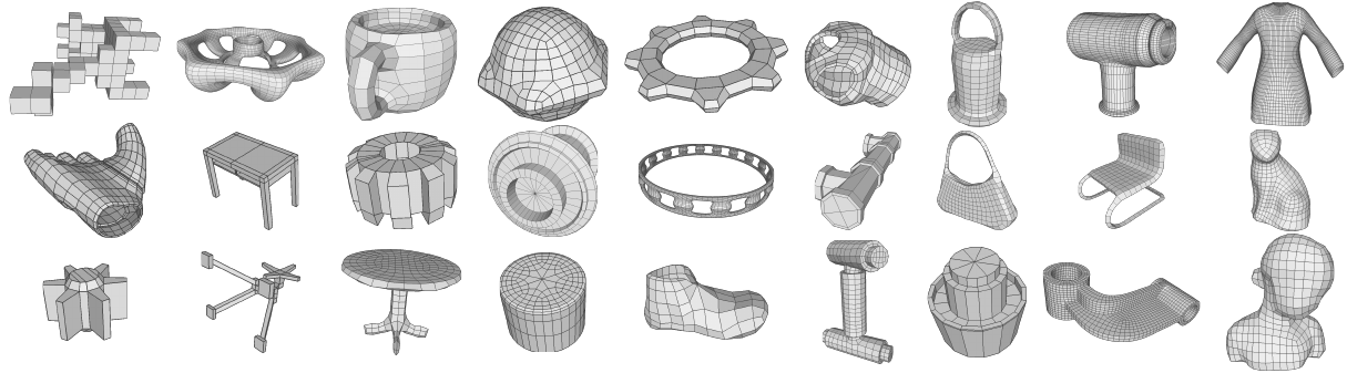 Dataset statistics and curated quad mesh examples