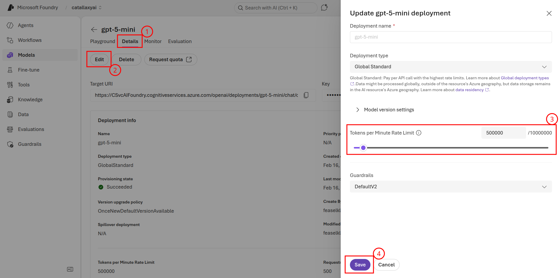 Increase the Tokens per Minute limit on the GPT model in order to circumvent 429 errors.