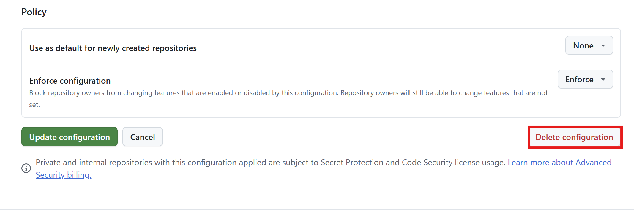 Delete Advance Security Configuration