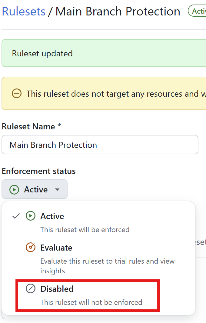 Disable the ruleset