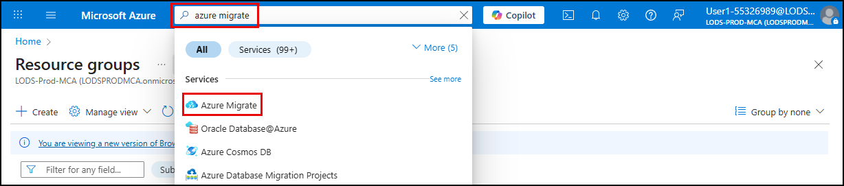 Azure Migrate is displayed in the Azure Search bar and highlighted in the search results.