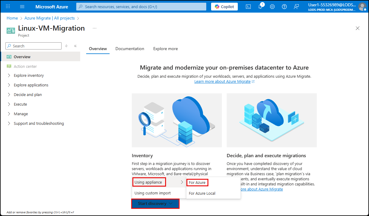 On the Project blade, Start Discovery--> Using Appliance--> For Azure is highlighted.