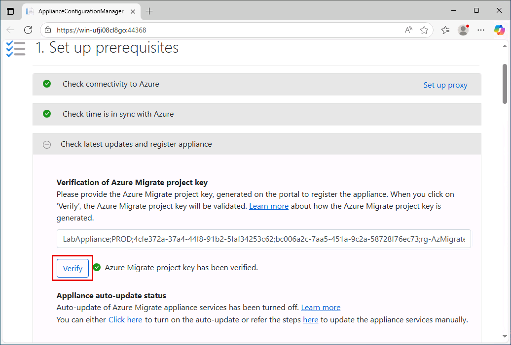 The Verify button for the Azure Migrate project key is highlighted.