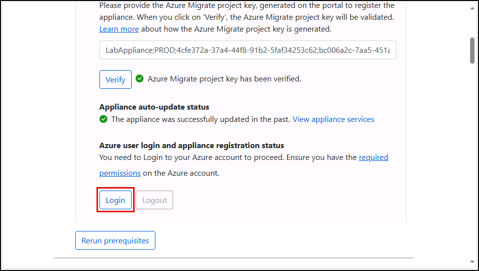 In the Azure user login and appliance registration status section, the Login button is highlighted.