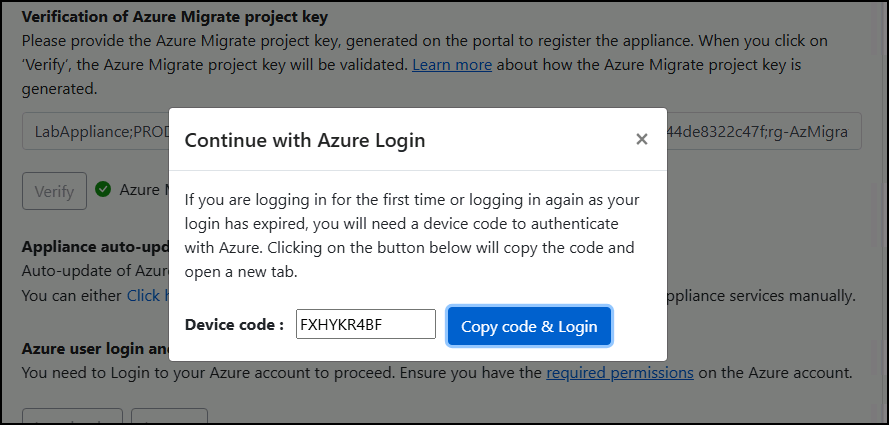 The Continue with Azure login dialog is displayed with the Device Code.