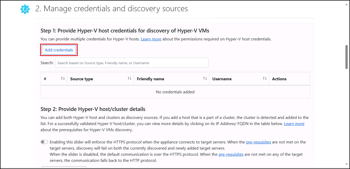 The Add credentials button is highlighted in the Manage credentials and discovery sources section.