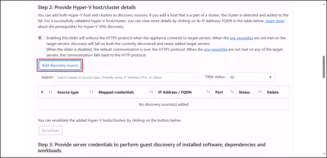 The Add discovery source button is highlighted.