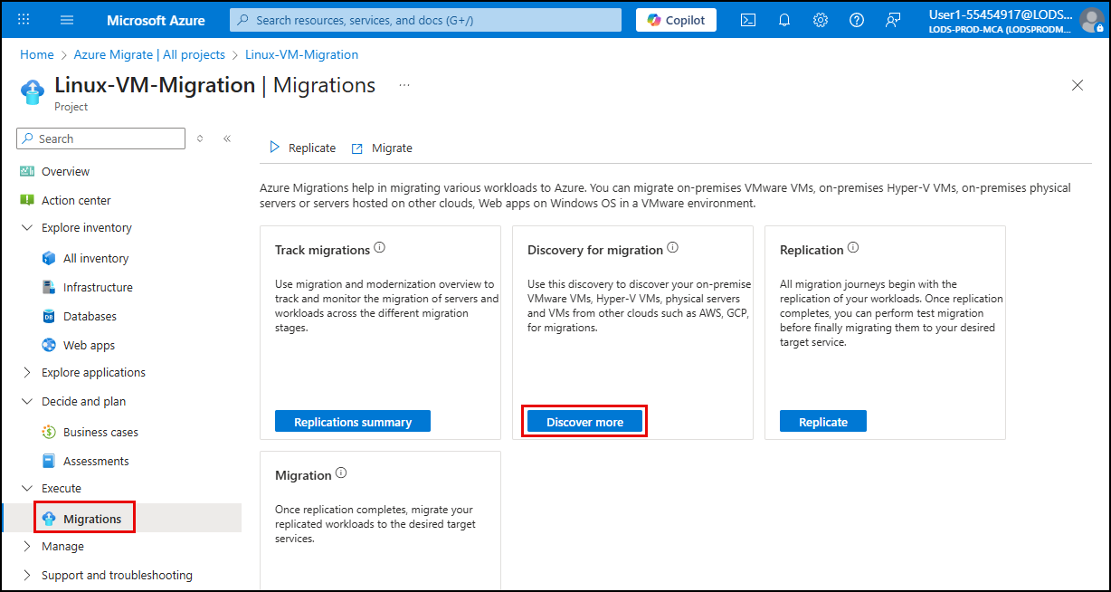 The Discover more button is highlighted on the Migrations blade.