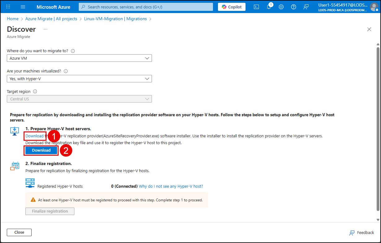 The Download link and button are highlighted and numbers 1 and 2 under Prepare Hyper-V host servers.