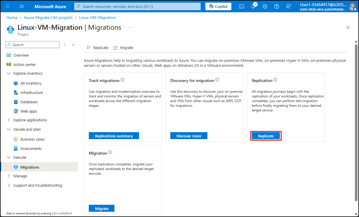 The Replicate button is highlighted on the Migrations blade.