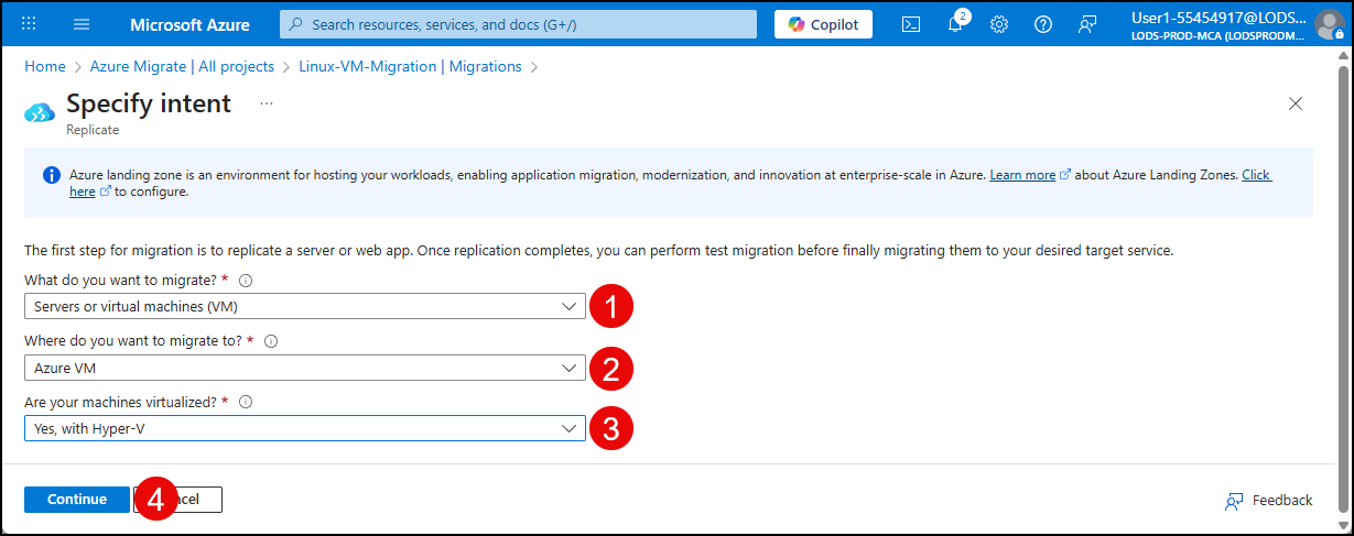The Specify intent page is populated as specified above.