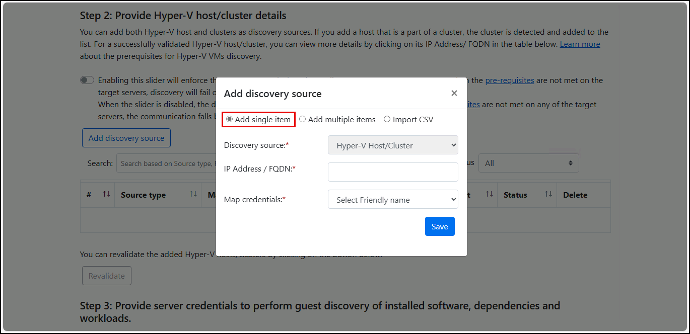 Add single item is highlighted on the Add discovery source dialog.