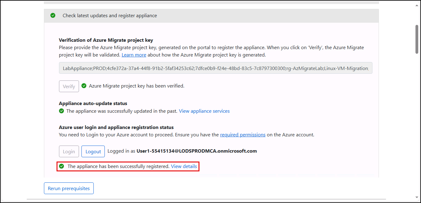 The Appliance registered successfully message is displayed.
