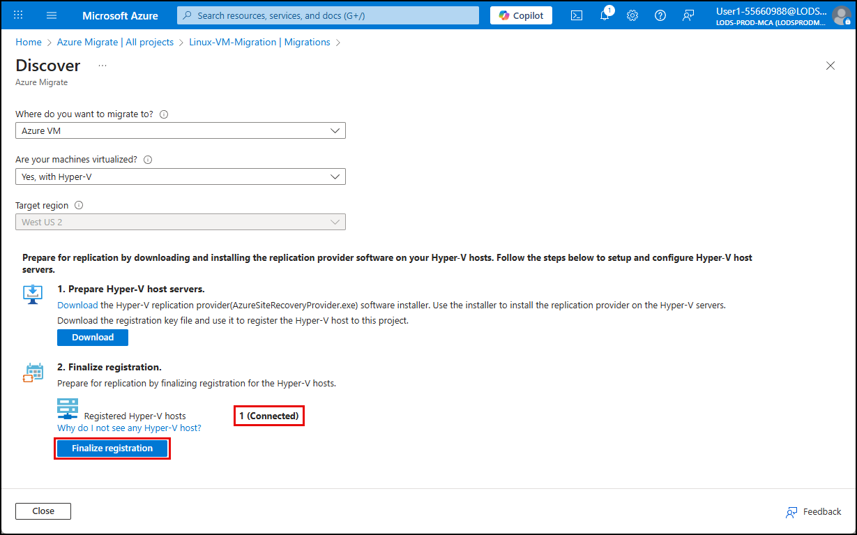 The connected registration and Finalize registrator button are highlighted on the Discover page.