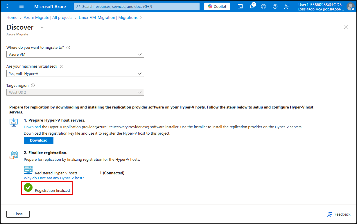 The registration finalized message is highlighted.