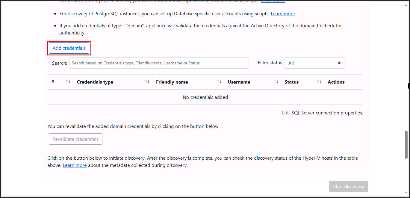 The Add credentials button is highlighted under Step 3.