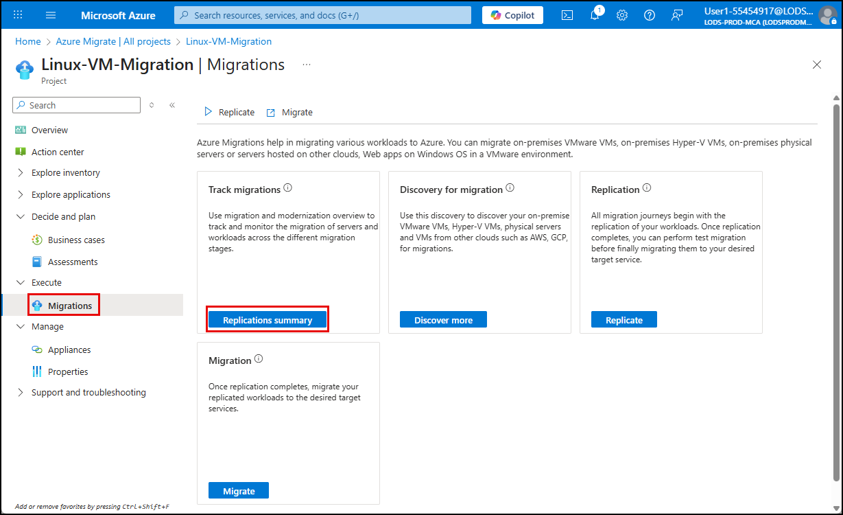The Replications summary button on the Project Migrations blade is highlighted.