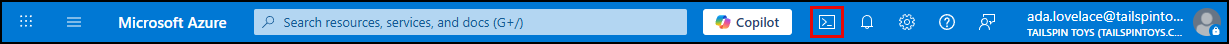 The Azure Cloud Shell icon is highlighted on the top bar in the Azure portal.