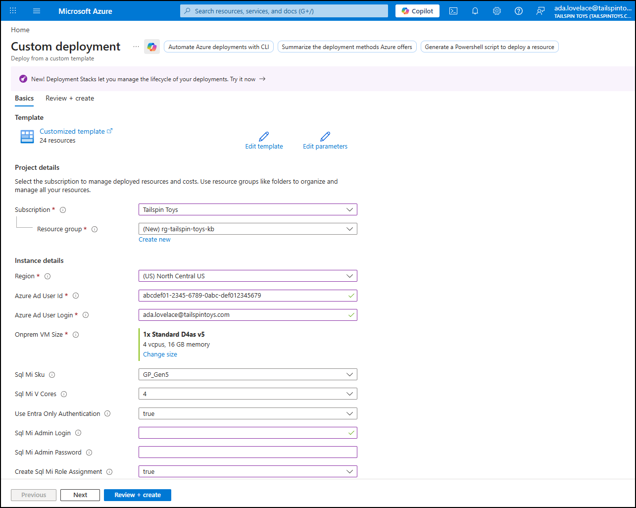 Azure Portal Create a new deployment standard window with entries to add all options needed to deploy the ARM template.