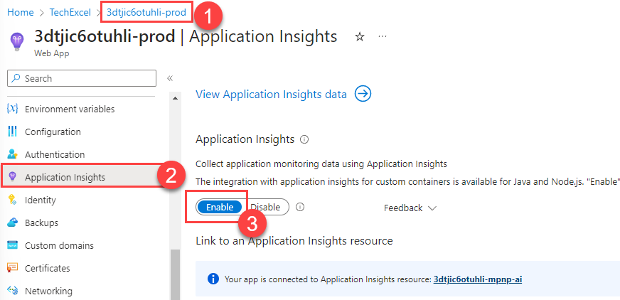 Ensure that Application Insights is enabled for the production App Service