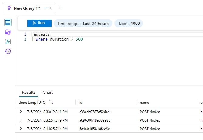 Requests where the duration is more than 500ms