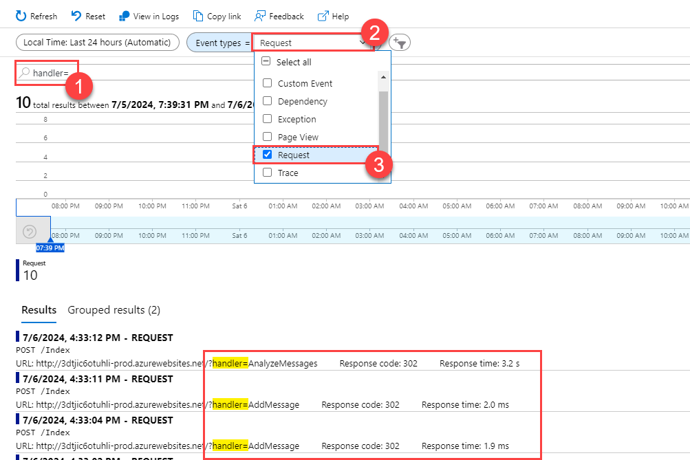 Showing only requests that include "handler=" in the request data