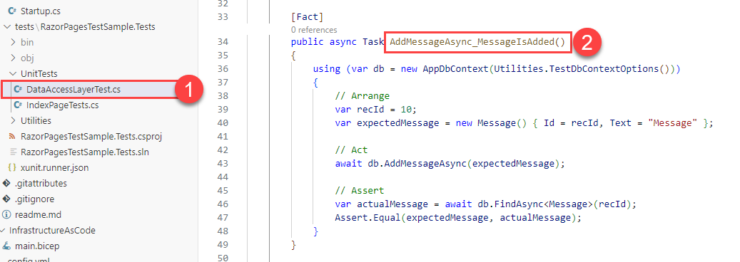 Find the AddMessageAsync_MessageIsAdded function in DataAccessLayerTest.cs