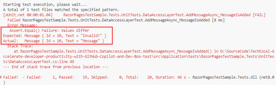 A unit test fails because the expected value differs from its actual value