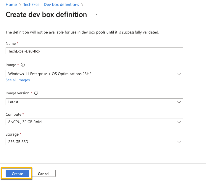 Create a new dev box definition