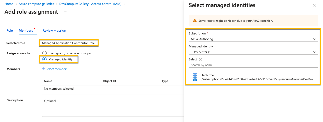 Add the managed identity with the Managed Application Contributor Roles