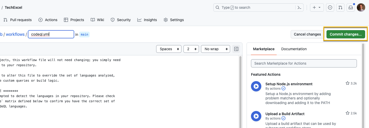 Commit the CodeQL YAML