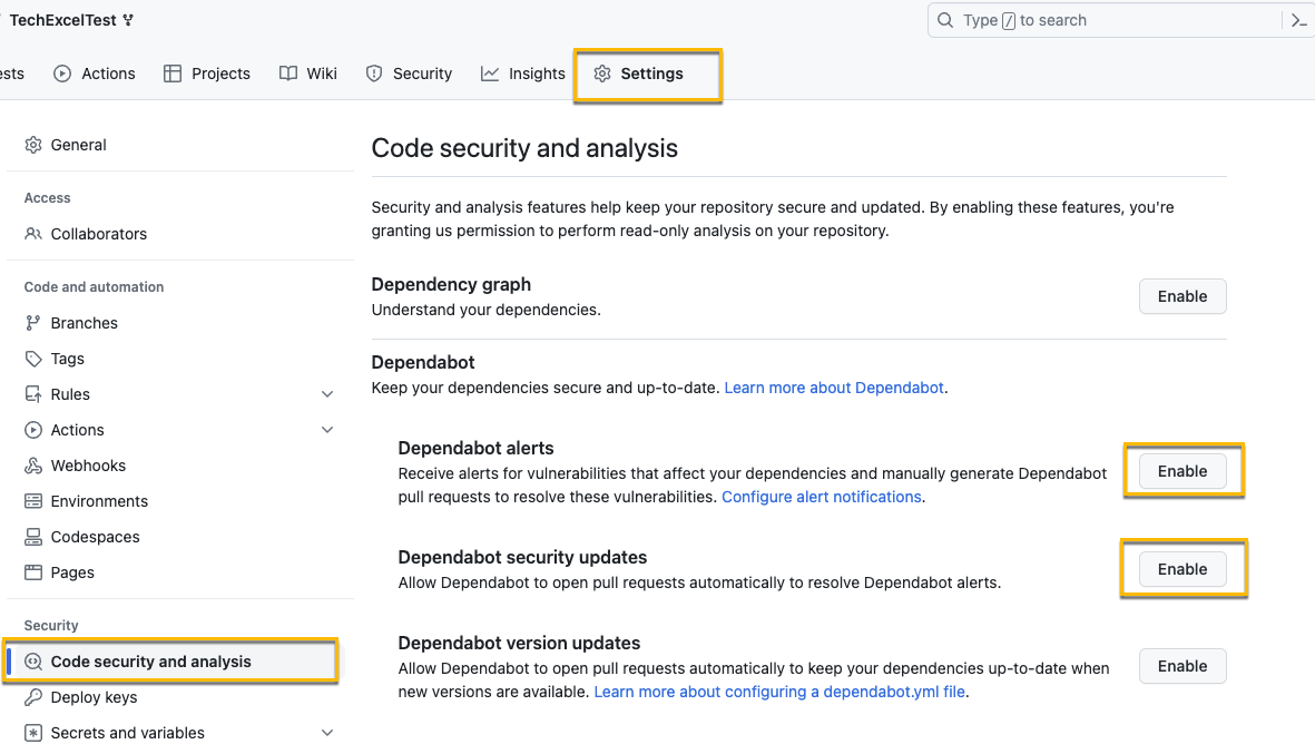 Enabled Dependabot alerts and security updates